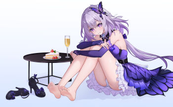 1girl absurdres bare_shoulders barefoot black_shoes blush breasts butterfly_hair_ornament cake cake_slice castorice_(gossamer_flutter)_(honkai:_star_rail) castorice_(honkai:_star_rail) closed_mouth commentary cup detached_sleeves drinking_glass feet food gradient_background hair_ornament high_heels highres honkai:_star_rail honkai_(series) knees_to_chest knees_up kurosti large_breasts long_hair looking_at_viewer official_alternate_costume panties purple_eyes purple_hair shoes sitting smile soles solo toes underwear unworn_shoes white_panties