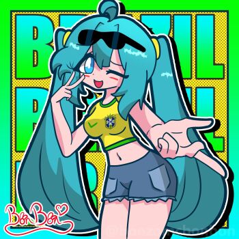 1girl aqua_eyes aqua_hair blush_stickers bonbon_(bonzomcbonbon) border brazil brazilian_miku bright_pupils denim denim_shorts dot_nose green_trim hatsune_miku highres looking_at_viewer midriff navel one_eye_closed open_mouth outline outstretched_hand pocket polka_dot polka_dot_background reaching reaching_towards_viewer shirt shorts signature smile solo sunglasses sunglasses_on_head text_background twintails v vocaloid white_outline white_pupils yellow_shirt