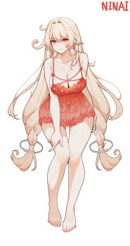 1girl alice_(genshin_impact) artist_name babydoll bare_shoulders barefoot blonde_hair breasts cleavage collarbone commentary feet full_body genshin_impact hand_on_own_thigh highres large_breasts leaning_forward long_hair ninai pointy_ears red_babydoll red_eyes simple_background smile solo symbol-only_commentary toes very_long_hair white_background