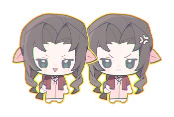 1girl aerith_gainsborough anger_vein braid braided_ponytail brown_hair chibi chibi_only choker dress final_fantasy final_fantasy_vii frown furrowed_brow green_eyes hair_ribbon hashtag-only_commentary highres jacket multiple_views open_mouth parted_bangs pink_dress pink_ribbon red_jacket ribbon ribbon_choker sidelocks single_braid smile solo white_background wintercoming42