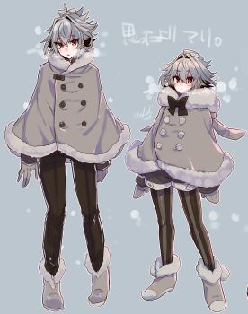 1boy alternate_costume antenna_hair black_bow black_bowtie black_pantyhose boots bow bowtie breath buttons cloak commentary_request double-breasted fate/apocrypha fate_(series) full_body fur-trimmed_boots fur-trimmed_cloak fur_trim gloves grey_gloves grey_hair hair_between_eyes haoro highres male_focus messy_hair pantyhose pom_pom_(clothes) red_eyes short_hair shorts sieg_(fate) signature winter_clothes