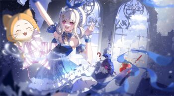 Rule 34 | 1girl, ^ ^, ahoge, animal, arm up, bare shoulders, beads, beret, bloomers, blue bloomers, blue bow, blue bowtie, blue choker, blue dress, blue sky, blue wrist cuffs, bow, bowtie, brooch, bubble print, bubbly voyage (infinity nikki), buttons, cat, choker, cloak, closed eyes, clothed animal, cloud, collared dress, day, dress, ear covers, esseling (infinity nikki), eyelashes, frilled choker, frilled dress, frilled wrist cuffs, frills, hair ornament, hair rings, hairclip, happy, hard sack (infinity nikki), hat, hat bow, hat ornament, highres, hood, hood up, hooded cloak, infinity nikki, jewelry, light particles, momo (nikki), nikki (nikki), nikki (series), open mouth, outdoors, pink eyes, rabbit hair ornament, ruins, sidelocks, sky, smile, star (symbol), star choker, star hat ornament, strapless, strapless dress, striped clothes, striped dress, tough octopack (infinity nikki), underwear, vertical-striped clothes, vertical-striped dress, whimstar (infinity nikki), whiskers, white cat, white hat, window, wrist cuffs, xinjinjumin388925569805, yarn, yellow cloak