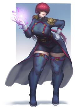 1girl boots breasts coat curvy earrings electricity female_focus formal_clothes gloves hand_on_own_hip huge_breasts jewelry large_breasts li3eux long_hair orochi_shermie pale_skin pants ponytail red_hair shermie_(kof) skirt standing the_king_of_fighters thick_thighs thighs thunder twintails wide_hips