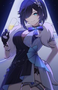 black_gloves blue_bow blue_dress blue_eyes blue_hair blue_ribbon blush bow breasts castle cleavage cocktail cocktail_glass cup diagonal_bangs dress drink drinking_glass fur-trimmed_jacket fur_trim gem genshin_impact gloves hair_ornament hairpin halter_dress halterneck highres holding holding_cup jacket jacket_on_shoulders jewelry karaage_(karaage_x_x) large_breasts legband looking_at_viewer mole mole_on_breast multicolored_hair purple_hair ribbon smile spotlight white_jacket yelan_(genshin_impact) yelan_(tranquil_banquet)_(genshin_impact)