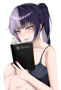 1girl absurdres black_camisole black_hair breasts camisole death_note death_note_(object) grey_hair hashtag-only_commentary highres hololive hololive_english knees_up lalatina_art medium_breasts multicolored_hair ponytail shiori_novella simple_background solo split-color_hair tongue tongue_out two-tone_hair virtual_youtuber white_background yellow_eyes