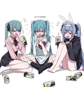 3girls :d absurdres alcohol animal_ears bare_legs barefoot black_hoodie black_socks blue_hair blush butterfly_sitting can channel_(caststation) commentary creator_connection crying d: drinking drunk duplicate ear_piercing fake_animal_ears fang fanged_bangs fishnets hatsune_miku highres hood hoodie knees_up laughing miniskirt multiple_girls multiple_persona nail_polish open_mouth piercing pink_shirt pixel-perfect_duplicate rabbit_hole_(vocaloid) red_nails sad_girl_sex_(vocaloid) shirt sitting skirt smile socks songover streaming_tears tears teeth toenail_polish toenails translated twintails upper_teeth_only vampire_(vocaloid) vocaloid white_background white_socks yokozuwari