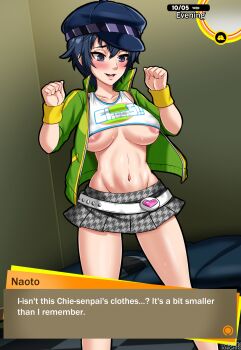 1girl :d areola_slip armband artist_name belt blue_eyes blue_hair blue_hat blush breasts newsboy_cap clenched_hands clothes_writing collarbone collared_jacket commentary cosplay cowboy_shot crop_top dialogue_box english_text fake_screenshot feet_out_of_frame green_jacket grey_eyes grey_skirt groin hair_between_eyes hands_up hat heart_belt highres indoors jacket large_breasts midriff miniskirt navel open_clothes open_jacket open_mouth parted_lips persona persona_4 persona_4:_the_ultimate_in_mayonaka_arena plaid_clothes plaid_skirt pleated_skirt satonaka_chie satonaka_chie_(cosplay) shirogane_naoto shirt short_hair sidelocks skirt smile solo standing stomach studded_belt sweat tabletknight teeth thighs track_jacket underboob undersized_clothes upper_teeth_only user_interface white_jacket white_shirt wristband yellow_armband