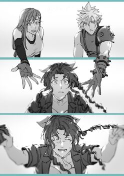 1boy 2girls aerith_gainsborough armor bare_shoulders black_bra black_gloves border bra braid braided_ponytail breasts choker closed_eyes cloud_strife crop_top dress elbow_gloves final_fantasy final_fantasy_vii final_fantasy_vii_remake fingerless_gloves flower_choker gloves greyscale hair_between_eyes hair_ribbon happy_tears highres holding_hands jacket long_hair looking_at_viewer low-tied_long_hair medium_breasts monochrome multiple_girls multiple_views open_mouth outstretched_hand parted_bangs parted_lips ribbon sequential shio_ga short_hair short_sleeves shoulder_armor sidelocks single_bare_shoulder sleeveless sleeveless_turtleneck spiked_hair sports_bra square_enix suspenders sweat tears tifa_lockhart toned toned_male train_graveyard turtleneck underwear upper_body wavy_hair white_background wide-eyed