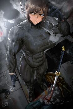 ! absurdres biceps black_gloves black_shoes blood blowing_smoke blue_ogre bodysuit breasts brown_hair cable cigarette commentary covered_abs english_commentary from_above gloves highres holding holding_cigarette katana large_breasts limbus_company muscular muscular_arms muscular_female orange_eyes outis_(project_moon) perspective planted planted_sword planted_weapon project_moon ribbed_bodysuit shoes smoke solo_focus stab sword weapon