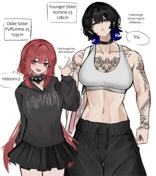 Rule 34 | 2girls, :d, absurdres, aomine (wawamachi), arm tattoo, artist name, bag, baggy pants, bare arms, bare shoulders, black choker, black hair, black hoodie, black pants, black skirt, blue hair, breasts, character age, character name, chest tattoo, choker, clenched hand, clothes writing, collar, collarbone, cowboy shot, double-parted bangs, english text, facial mark, gradient hair, grey sports bra, hand up, head tilt, heart, heart-shaped pupils, heart facial mark, height, height difference, highres, hood, hood up, hoodie, long hair, miniskirt, multicolored hair, multiple girls, navel, open mouth, original, pants, pleated skirt, print hoodie, puffumine (wawamachi), red hair, short hair, shoulder bag, siblings, simple background, sisters, skirt, smile, speech bubble, spiked collar, spikes, sports bra, standing, stomach, symbol-shaped pupils, tattoo, toned, toned female, wawamachi, white background, wolf cut