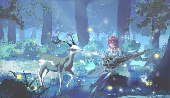 1girl black_boots boots ciaccona_(wuthering_waves) commentary deer dress fireflies forest frilled_wrist_cuffs frills green_dress green_eyes green_jacket highres holding holding_instrument instrument jacket medium_hair minglu_(gululu) nature outdoors pointy_ears red_hair solo symbol-only_commentary thigh_boots tree_horns wrist_cuffs wuthering_waves
