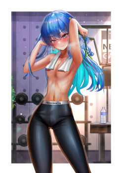 1girl absurdres armpits arms_up blue_hair blush bottle breasts breath closed_mouth collarbone commentary earrings exercise_machine flat_chest green_ribbon grey_eyes gym hair_ornament hair_ribbon highres hololive hoshimachi_suisei indoors jagoo jewelry large_variant_set looking_at_viewer multicolored_hair pants plant ribbon small_breasts sportswear star_(symbol) star_hair_ornament stomach sweat topless_female towel towel_around_neck two-tone_hair variant_set virtual_youtuber water_bottle weights