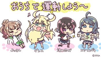 4girls afterimage ahoge bad_tag beamed_eighth_notes black_hair black_socks blazer blonde_hair blue_bow blue_bowtie blue_eyes blue_skirt blush bow bowtie brown_hair chibi closed_eyes commentary copyright_notice coronavirus_pandemic earrings eighth_note exercising fujisawa_yuzu green_eyes green_hair green_shorts grin hair_bun hair_ornament hairclip headbanging heart heart_earrings helmet highres hood horned_hood horns inohara_koboshi jacket jewelry long_hair looking_at_viewer motion_lines multicolored_hair multiple_girls musical_note official_art on_one_knee ongeki outstretched_arm outstretched_arms pink_streaks pointing pointing_at_viewer public_service_announcement purple_eyes saotome_ayaka short_hair shorts single_hair_bun sit-up skirt smile socks sparkle speed_lines spread_arms squatting streaked_hair striped_clothes striped_socks sweat track_jacket translated trembling twintails v-shaped_eyebrows wavy_mouth white_jacket white_socks yuuki_riku