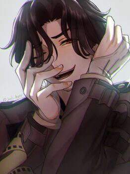 1boy artist_name brown_hair brown_jacket chromatic_aberration commentary crazy_smile gloves hair_between_eyes hands_up honkai:_star_rail honkai_(series) jacket juli_hstr long_sleeves looking_at_viewer male_focus mr._reca_(honkai:_star_rail) one_eye_closed open_mouth parted_bangs partially_fingerless_gloves red_eyes short_hair simple_background smile solo symbol-only_commentary teeth twitter_username upper_body white_background white_gloves