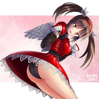 1girl armor armored_dress artist_name black_hair black_panties blush brown_eyes detached_sleeves dress fake_wings fighting_vipers gloves hairband honey_(fighting_vipers) kasabou long_hair looking_back open_mouth panties red_dress sega simple_background skirt smile twintails underwear upskirt wings