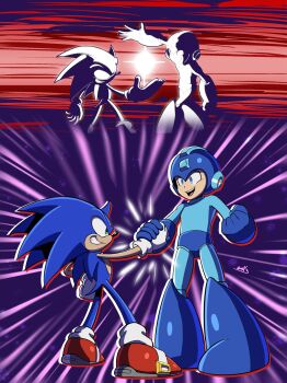 Rule 34 | 2boys, blue eyes, crossover, gloves, grin, helmet, highres, holding hands, looking at another, marvel vs. capcom, mega man (character), multiple boys, open mouth, robot, shoes, smile, sonic (series), sonic racing: crossworlds, sonic the hedgehog, x-men vs. street fighter
