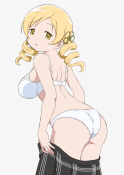1girl absurdres ass blonde_hair bra breasts drill_hair highres large_breasts long_hair looking_back mahou_shoujo_madoka_magica mahou_shoujo_madoka_magica_(anime) panties solo tomoe_mami twin_drills twintails underwear underwear_only undressing usazirou539 white_bra white_panties yellow_eyes