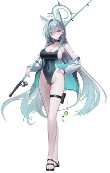 1girl absurdres animal_ear_fluff animal_ears black_one-piece_swimsuit blue_archive blue_eyes blush breasts choker commentary_request competition_swimsuit covered_navel cross_hair_ornament extra_ears fish_hook fishing_line fishing_lure fishing_rod grey_hair hair_between_eyes hair_ornament hair_over_one_eye halo hand_on_own_hip highleg highleg_one-piece_swimsuit highres holding holding_fishing_rod large_breasts long_hair looking_at_viewer nyo2_ng one-piece_swimsuit pouch shiroko_(blue_archive) shiroko_terror_(blue_archive) sideboob solo swimsuit thigh_pouch thigh_strap thighs very_long_hair wolf_ears wolf_girl