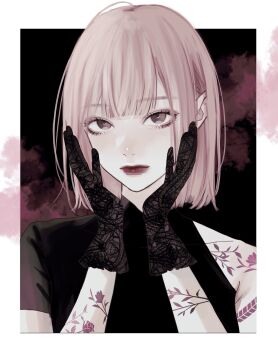 Rule 34 | 1girl, arm tattoo, black background, black gloves, black shirt, blonde hair, border, colored smoke, commentary, eyelashes, flower tattoo, gloves, grey eyes, hands on own cheeks, hands on own face, highres, lace, lace gloves, lips, looking at viewer, original, outside border, shirt, short hair, short sleeves, shoulder tattoo, single bare shoulder, smoke, solo, symbol-only commentary, tattoo, upper body, white border, yu.ta.