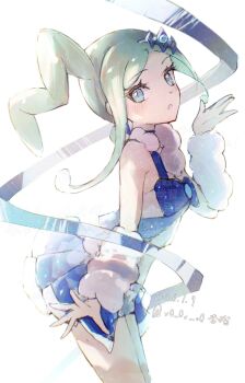 1girl anzu_(v0_0v_o0) arm_warmers blue_choker blue_ribbon choker commentary_request green_eyes green_hair hair_ornament highres jewelry lisia_(pokemon) long_hair looking_at_viewer mega_stone nintendo overskirt parted_lips pokemon pokemon_oras ribbon shorts sidelocks sleeveless solo