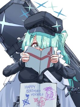 1girl aqua_eyes aqua_hair atsuko's_grin_(meme) atsuko_(blue_archive) birthday_card black_hat blue_archive breasts character_name commentary_request hair_over_one_eye happy_birthday hat highres hiyori_(blue_archive) long_hair long_sleeves meme newsboy_cap side_ponytail simple_background solo tearing_up white_background wu-234