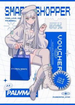 1girl bag beret boots commentary_request coupon crossed_legs full_body hand_up hat highres holding holding_bag jacket lemontea long_hair long_sleeves looking_at_viewer nail_polish original shopping_bag signature sitting solo thighhighs white_boots white_hair white_hat white_jacket white_thighhighs