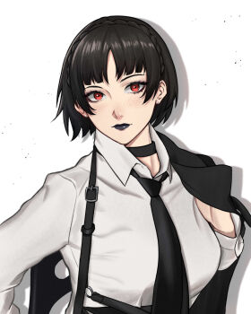 1girl absurdres alternate_costume belt_buckle black_choker black_hair black_jacket black_lips black_necktie blunt_bangs blush braid breasts buckle choker closed_mouth collared_shirt commentary crown_braid earrings highres holding holding_jacket holding_unworn_clothes ikhwan_maulana jacket jacket_over_shoulder jewelry long_sleeves looking_at_viewer medium_breasts necktie niijima_makoto persona persona_5 red_eyes shirt short_hair simple_background solo stud_earrings suspenders unworn_jacket upper_body white_shirt