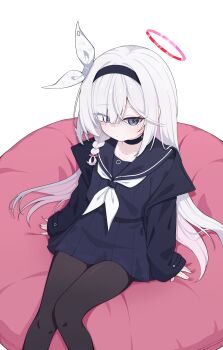 1girl absurdres black_choker black_coat black_eyes black_hairband black_pantyhose black_sailor_collar black_serafuku blue_archive braid choker cinamon_(cinamori) coat colored_inner_hair couch expressionless from_above hair_over_one_eye hairband halo highres looking_at_viewer multicolored_hair neckerchief on_couch pantyhose pink_halo plana_(blue_archive) red_halo red_pupils ribbon sailor_collar school_uniform serafuku simple_background single_braid sitting sleeves_past_wrists solo white_background white_neckerchief white_ribbon
