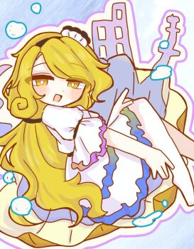 1girl anzu_cha709 barefoot blonde_hair blush_stickers city commentary dress fossilized_wonders frilled_dress frills hair_ornament hair_tie long_hair looking_at_viewer open_mouth oyster rectangular_mouth shell shell_hair_ornament sitting sleeve_garter solo tagme touhou very_long_hair watari_nina white_dress yellow_eyes