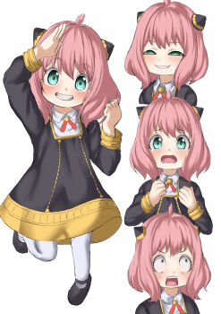 1girl absurdres anya&#039;s_heh_face_(meme) anya_(spy_x_family) black_dress black_shoes child commentary_request crying crying_with_eyes_open dress eden_academy_school_uniform gold_trim green_eyes grin hairpods hand_up highres long_sleeves looking_at_viewer meme multiple_views open_mouth parapetto pink_hair salute school_uniform shoes short_hair simple_background smile socks spy_x_family tears teeth upper_teeth_only white_background white_socks