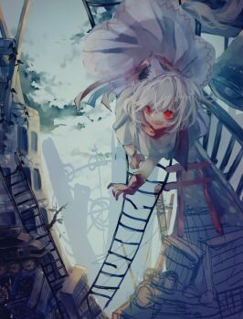 1girl animal_ears borrowed_character climbing commentary_request dress full_body gloves grey_sky ladder open_mouth original outdoors plant red_eyes red_gloves ruins shinjitsu_no_kuchi short_hair sky solo tail torii tower vines white_dress white_hair wolf_ears wolf_girl wolf_tail