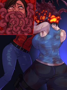 2girls ass bare_shoulders belt breasts capcom claire_redfield creature jill_valentine multiple_girls pants resident_evil resident_evil_2 resident_evil_3:_nemesis resident_evil_3_(remake) standing stuck thighs vore