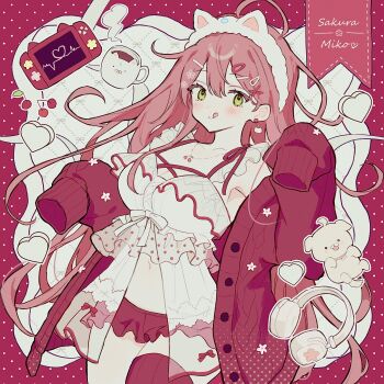 1girl 35p_(sakura_miko) :q ahoge animal_ear_hairband animal_ears babydoll cardigan cardigan_partially_removed cat_ear_hairband cat_ears character_name commentary earrings fake_animal_ears frilled_babydoll game_console green_eyes hair_ornament hairband hairclip highres hololive jewelry long_hair looking_at_viewer mametarou_(mameji) necklace official_alternate_costume pink_hair red_cardigan red_shorts red_thighhighs sakura_miko sakura_miko_(loungewear) shorts single_thighhigh sleeves_past_fingers sleeves_past_wrists solo symbol-only_commentary thighhighs tongue tongue_out virtual_youtuber white_babydoll