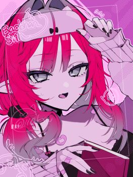 1girl baobhan_sith_(fate) bare_shoulders book breasts camisole cleavage fate/grand_order fate_(series) grey_eyes grey_sweater highres i10_ksw large_breasts long_hair long_sleeves looking_at_viewer low_twintails off_shoulder open_mouth pink_hair pointy_ears sidelocks solo sweater twintails