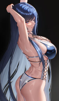 1girl armpits arms_up ass black_background black_hair blue_eyes breasts center_cross_lace commentary commission cross-laced_clothes cross-laced_one-piece_swimsuit deras english_commentary from_side goddess_of_victory:_nikke gradient_background highres large_breasts long_hair looking_at_viewer midsummer_alice_(stellar_blade) official_alternate_costume one-piece_swimsuit raven_(midsummer_alice)_(nikke) raven_(stellar_blade) sideboob smile solo stellar_blade swimsuit very_long_hair vgen_commission white_one-piece_swimsuit