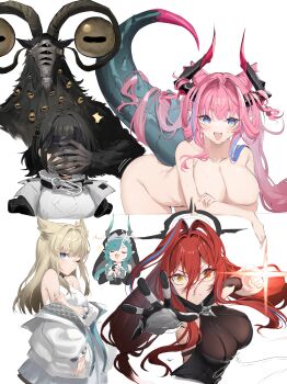 1other 5girls absurdres animal_ears arknights arknights:_endfield bare_shoulders black_gloves black_veil blue_eyes blue_hair breasts closed_eyes closed_mouth commentary completely_nude covering_face dress elden_ring elden_ring_nightreign ember_(arknights) endministrator_(arknights) english_commentary extra_eyes female_endministrator_(arknights) gloves goat_horns grey_hair hair_between_eyes hair_intakes hair_on_horn halo highres horizontal_pupils horns jacket large_breasts libra_(elden_ring) long_hair long_sleeves looking_at_viewer mask monster multicolored_hair multiple_girls nude off_shoulder open_clothes open_mouth perlica_(arknights) pink_hair pointy_ears red_hair sideboob sleeveless sleeveless_dress smile streaked_hair tail veil white_dress white_jacket xaihi_(arknights) xooku yellow_eyes yvonne_(arknights)