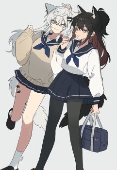 Rule 34 | 2girls, animal ears, arknights, bag, black hair, black pantyhose, black shoes, blue neckerchief, blue sailor collar, blue skirt, brown sweater, colored inner hair, grey background, hair between eyes, hair ornament, hairclip, half updo, highres, holding, holding bag, lappland (arknights), loafers, long hair, long sleeves, material growth, multicolored hair, multiple girls, neckerchief, open mouth, orange hair, oripathy lesion (arknights), pantyhose, parallel hairclips, parted lips, pleated skirt, red hair, sailor collar, scar, scar across eye, scar on face, school bag, school uniform, serafuku, seri (vyrlw), shirt, shoes, simple background, skirt, socks, sweater, tail, texas (arknights), white hair, white shirt, white socks, wolf ears, wolf girl, wolf tail