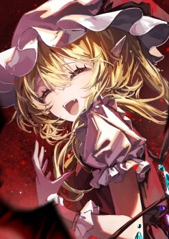 1girl blonde_hair crystal_wings fangs flandre_scarlet frilled_cuffs frilled_hat frilled_sleeves frills hair_between_eyes hand_up hat hat_ribbon long_hair mob_cap open_mouth pointy_ears puffy_short_sleeves puffy_sleeves red_ribbon red_vest ribbon ringo_no_usagi shirt short_sleeves smile solo touhou variant_set vest white_hat white_shirt wings wrist_cuffs