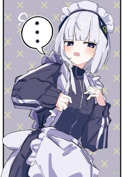 ... 1girl absurdres alternate_costume apron bame_zayin black_jacket blue_eyes blush cevio commentary_request grey_background hair_ornament highres jacket jersey_maid kafu_(cevio) kamitsubaki_studio long_hair long_sleeves maid maid_headdress open_mouth solo speech_bubble sweatdrop twintails unconventional_maid waist_apron white_apron white_hair