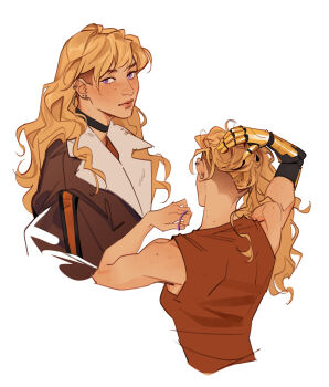 1girl aqua_hair blonde_hair body_freckles brown_jacket brown_shirt commentary cropped_torso ear_piercing earrings english_commentary eyelashes freckles from_behind hair_tie hand_on_own_head highres holding holding_hair_tie jacket jewelry lesly_oh long_hair mechanical_arms multiple_views neck_freckles piercing prosthesis purple_eyes rwby shirt shoulder_freckles simple_background single_mechanical_arm sleeveless sleeveless_shirt toned toned_female undercut white_background yang_xiao_long