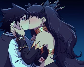 2girls androgynous arm_up black_bridal_gauntlets black_gloves black_hair black_ribbon bridal_gauntlets closed_eyes clothing_cutout command_spell crown detached_collar earrings fate/grand_order fate_(series) furrowed_brow glove_cutout gloves gold gold_bra gold_collar gold_earrings gradient_background hand_on_another&#039;s_arm hand_on_another&#039;s_face highres hoop_earrings ishtar_(fate) jacket jewelry kiss kissing_cheek letterman_jacket long_hair looking_at_another mole mole_under_eye multicolored_tiara multiple_girls oc_x_canon okinobus original ribbon spiked_hair stud_earrings twintails two_side_up yuri
