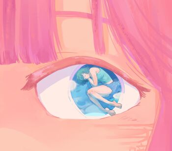 2girls anyoji_hime barefoot blue_skirt camisole close-up closed_eyes eye_focus eye_reflection green_camisole highres l9525 link!_like!_love_live! love_live! lying miniskirt momose_ginko momose_ginko_(sleepover_at_ginko's) multiple_girls on_side pink_hair reflection skirt sleeping virtual_youtuber