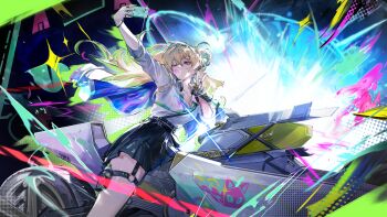 1girl black_skirt blonde_hair blowing_bubble_gum bokyo breasts can cellphone chewing_gum chinese_commentary cleavage commentary_request hair_ornament headphones headphones_around_neck highres holding holding_can holding_phone jacket long_hair lynae_(wuthering_waves) medium_breasts motor_vehicle motorcycle one_eye_closed partial_commentary phone selfie shirt shirt_tucked_in skirt skull_hair_ornament smartphone solo spray_can white_jacket white_shirt wuthering_waves