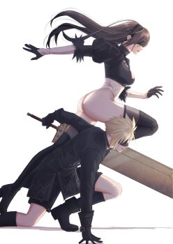 1boy 1girl 2b_(nier:automata) 2b_(nier:automata)_(cosplay) 9s_(nier:automata) 9s_(nier:automata)_(cosplay) arm_support ass black_boots black_gloves black_hair black_hairband black_jacket black_shorts blindfold blonde_hair boots breasts buster_sword cleavage cleavage_cutout clothing_cutout cloud_strife cloud_strife_(scanner_ensemble) commentary_request company_connection cosplay feather-trimmed_sleeves fighting_stance final_fantasy final_fantasy_vii final_fantasy_vii:_ever_crisis floating_hair foot_out_of_frame from_side gloves hairband high_heels highleg highleg_leotard highres holding holding_sword holding_weapon jacket juliet_sleeves large_breasts leotard long_hair long_sleeves mixmomo_yah nier:automata nier_(series) official_alternate_costume profile puffy_sleeves shorts sword thigh_boots thighs tifa_lockhart tifa_lockhart_(battler_ensemble) turtleneck weapon white_background white_leotard