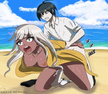 1boy 1girl ahoge arm_grab arm_pull artist_logo artist_name beach bent_over black_footwear blue_background blue_eyes blue_hair blue_sky bottomless bra bravebengal breasts cleavage clenched_teeth cloud coat collar collarbone collared_shirt cum cum_on_body cum_on_legs cum_on_lower_body danganronpa_(series) danganronpa_v3:_killing_harmony dark-skinned_female dark_skin doggystyle ears eyelashes full_body green_eyes hair_between_eyes hands_on_another&#039;s_hips hands_on_own_hips hetero highres jacket jewelry kneeling legs logo long_hair long_sleeves medium_breasts medium_hair motion_lines necklace necktie nipples nude ocean open_mouth outdoors pale_skin pants public_indecency saihara_shuichi seashell sex sex_from_behind shell shell_necklace shiny_skin shirt shore signature simple_background sky sleeves_rolled_up sweat sweatdrop teeth twintails underwear unworn_bikini_top unworn_bra unworn_pants upper_teeth_only water watermark wavy_mouth white_collar white_hair white_shirt yellow_coat yellow_jacket yonaga_angie