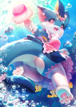 1girl :3 absurdres angelfish arm_at_side ass bead_necklace beads bloom blue_skin borrowed_character breasts bubble caustics circlet colored_skin commentary day dress english_commentary fang fewer_digits fish from_behind from_below full_body furry furry_female hand_up happy heart heart_bubbles highres holding holding_wand jewelry knee_up looking_back multicolored_skin necklace no_pants no_shoes open_mouth original pawpads pink_dress pink_eyes pink_pupils protodesu shark_girl sunlight tail tail_garter thighhighs toe_ring two-tone_skin underwater wand white_skin white_thighhighs