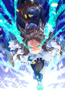 Rule 34 | 1girl, animal ears, black hair, blurry, blurry background, blush, boots, breasts, commentary request, daring tact (umamusume), eye trail, glowing, glowing eye, glowing eyes, hair between eyes, hair ornament, highres, horse ears, horse girl, horse tail, light trail, looking at viewer, open mouth, pantyhose, revision, running, simple background, solo, tail, umamusume, zukki (bijitaru)