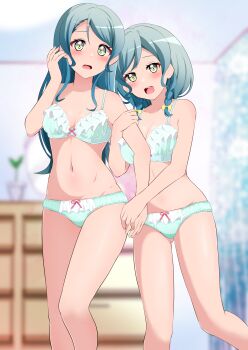 Rule 34 | 2girls, absurdres, aqua bra, aqua hair, aqua panties, arm grab, bang dream!, blurry, blurry background, bow, bow bra, bow panties, bra, braid, breasts, commentary request, commission, crotch seam, depth of field, frilled bra, frilled panties, frills, hand in own hair, highres, hikawa hina, hikawa sayo, indoors, kisaragi setsu (mssk8485), lace, lace-trimmed panties, lace trim, long hair, looking at viewer, matching outfits, medium breasts, medium hair, multiple girls, open mouth, panties, partial commentary, pixiv commission, siblings, side braids, sisters, smile, standing, twin braids, underwear, underwear only, yellow eyes