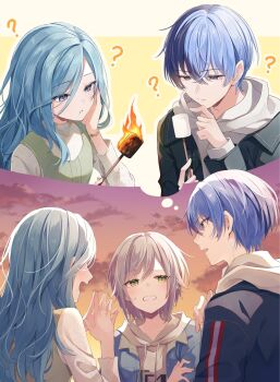 Rule 34 | 1boy, 2girls, ?, aoyagi touya, blue eyes, blue hair, bracelet, clenched teeth, closed mouth, commentary request, drawstring, fire, food, green eyes, grey hair, hands up, highres, hinomori shiho, hinomori shizuku, holding, holding stick, hood, hood down, hoodie, jewelry, long hair, long sleeves, looking at another, marshmallow, mole, mole under eye, mole under mouth, multicolored hair, multiple girls, nervous sweating, open mouth, outdoors, outstretched hand, parted lips, project sekai, short hair, speech bubble, split-color hair, stick, sweat, teeth, thought bubble, two-tone hair, upper body, wanderlands k