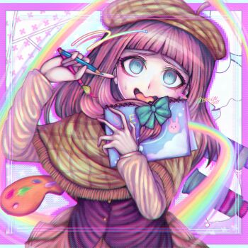 1girl beret blue_eyes blunt_bangs brown_hair brown_hat commentary danganronpa_another f0rtavv12o7 hat highres holding holding_paintbrush holding_pencil holding_sketchbook looking_at_viewer nijiue_iroha paintbrush pencil sketchbook solo super_danganronpa_another_2 sweat upper_body wavy_mouth